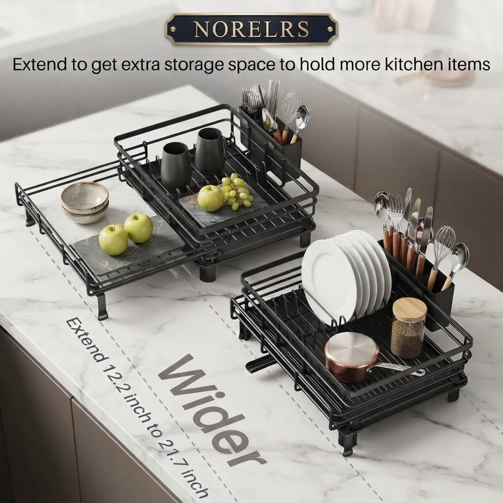 NORELRS Over-the-Sink Expandable Dish Drying Rack - Maximize Kitchen Counter Space Adjustable Width to Fit Various Kitchen Sinks with Extra Storage Capacity Sturdy Multi-Functional Rack for Dishes, Bowls, Utensils, and Fresh Produce