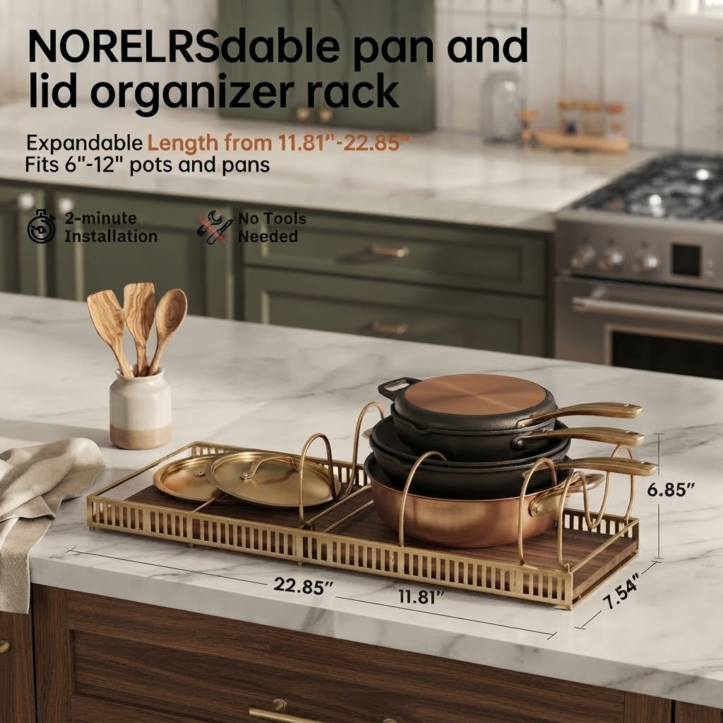 NORELRS Expandable Pan and Lid Organizer Rack - Maximize Your Kitchen Space Customizable Layout with Expandable Length and Adjustable Dividers Sturdy Design for Pots, Pans, and Lids with Easy, Tool-Free Installation