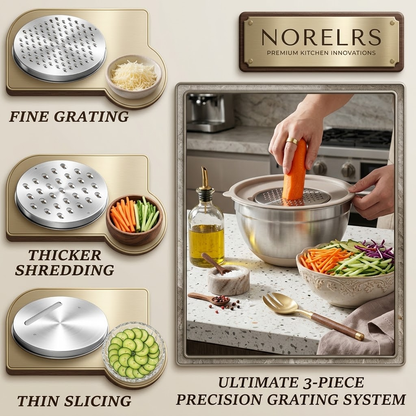 NORELRS Stainless Steel Mixing Bowl Set - 100% Airtight Without Warping  Ultimate 3-Piece Precision Grating System with Non-Slip Bases  Complete Luxury Kitchen Collection for Prep, Mixing, and Food Storage