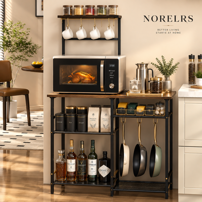 NORELRS Baker's Rack & Coffee Bar Station - Better Kitchen, A Brighter Life  Spacious Countertop with Multi-Functional Storage and Hanging Hooks  Sturdy Construction and Elegant Design for Your Kitchen or Coffee Corner