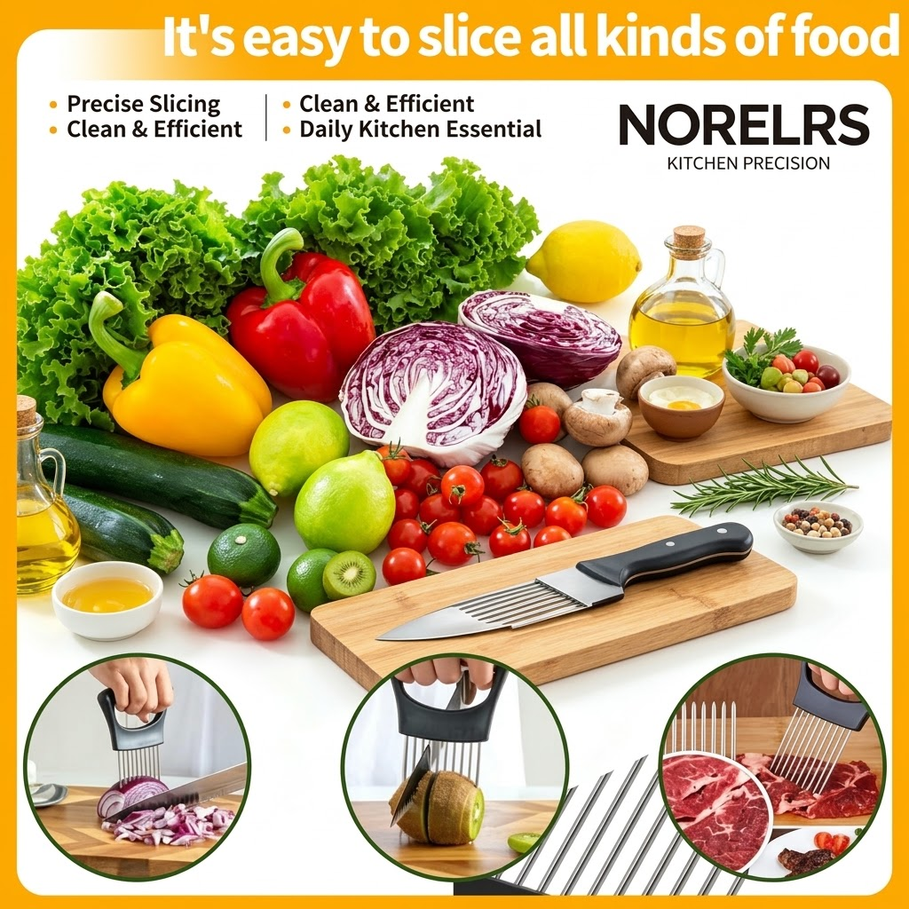 NORELRS Professional Culinary Slicer Set - Effortless Precision Cutting  All-in-One Food Holder and Slicer Guide with Ergonomic Non-Slip Handle  Durable Stainless Steel 304 Construction for Uniform Slicing Every Time