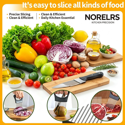 NORELRS Professional Culinary Slicer Set - Effortless Precision Cutting  All-in-One Food Holder and Slicer Guide with Ergonomic Non-Slip Handle  Durable Stainless Steel 304 Construction for Uniform Slicing Every Time