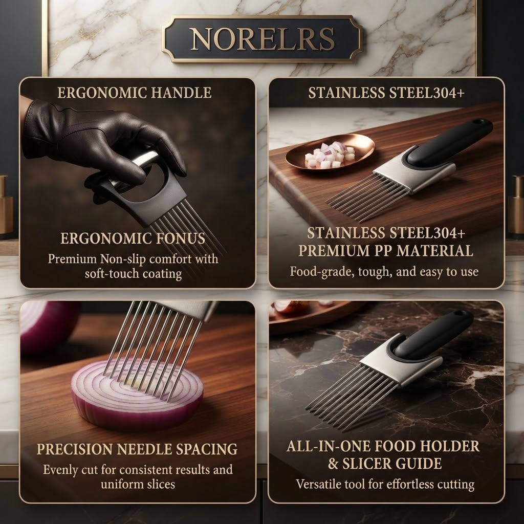 NORELRS Professional Culinary Slicer Set - Effortless Precision Cutting  All-in-One Food Holder and Slicer Guide with Ergonomic Non-Slip Handle  Durable Stainless Steel 304 Construction for Uniform Slicing Every Time