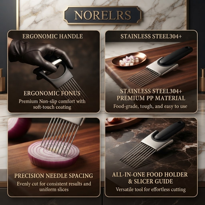 NORELRS Professional Culinary Slicer Set - Effortless Precision Cutting  All-in-One Food Holder and Slicer Guide with Ergonomic Non-Slip Handle  Durable Stainless Steel 304 Construction for Uniform Slicing Every Time