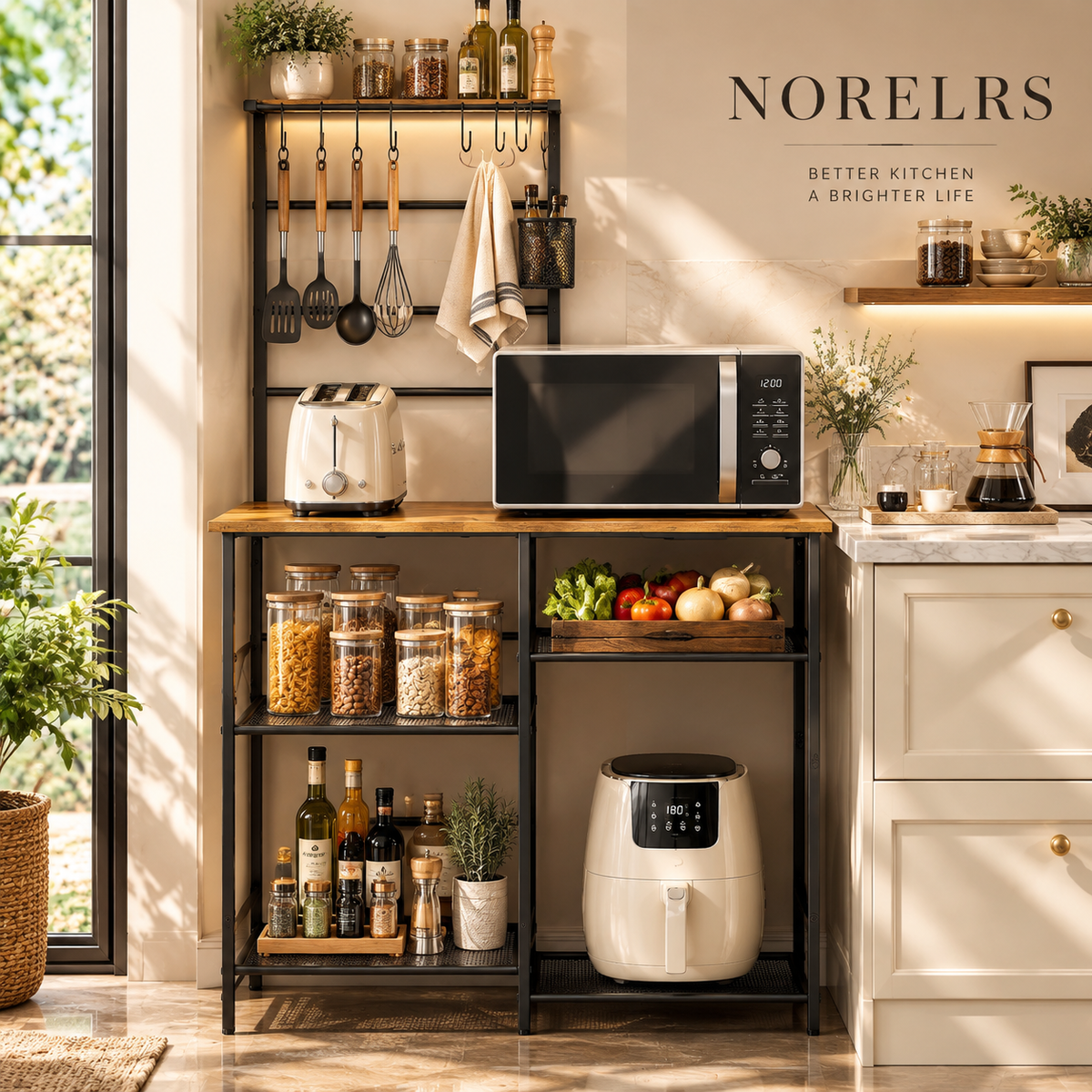 NORELRS Baker's Rack & Coffee Bar Station - Better Kitchen, A Brighter Life  Spacious Countertop with Multi-Functional Storage and Hanging Hooks  Sturdy Construction and Elegant Design for Your Kitchen or Coffee Corner