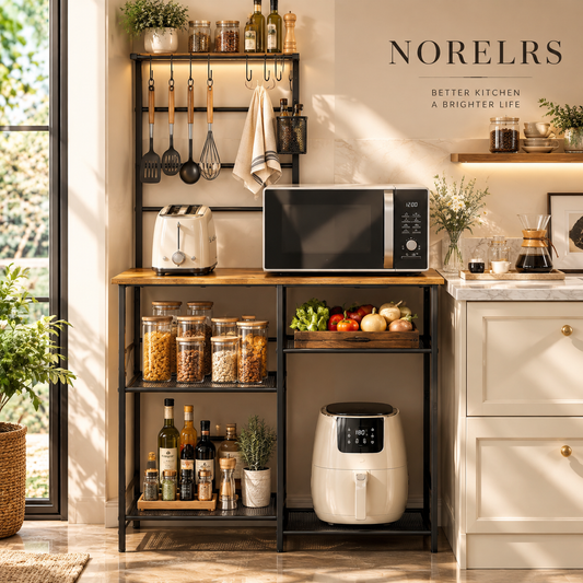 NORELRS Baker's Rack & Coffee Bar Station - Better Kitchen, A Brighter Life  Spacious Countertop with Multi-Functional Storage and Hanging Hooks  Sturdy Construction and Elegant Design for Your Kitchen or Coffee Corner