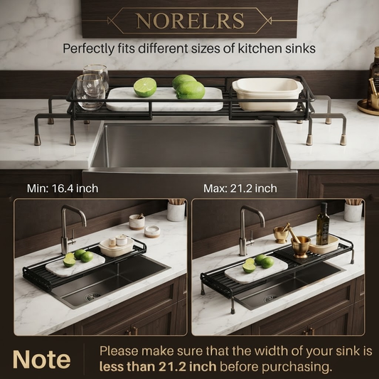 NORELRS Over-the-Sink Expandable Dish Drying Rack - Maximize Kitchen Counter Space  Adjustable Width to Fit Various Kitchen Sinks with Extra Storage Capacity  Sturdy Multi-Functional Rack for Dishes, Bowls, Utensils, and Fresh Produce
