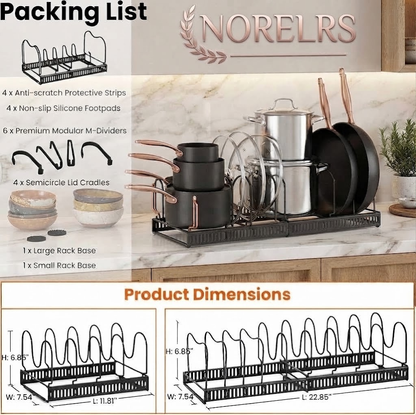 NORELRS Expandable Pan and Lid Organizer Rack - Maximize Your Kitchen Space  Customizable Layout with Expandable Length and Adjustable Dividers  Sturdy Design for Pots, Pans, and Lids with Easy, Tool-Free Installation