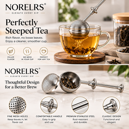 NORELRS Stainless Steel Tea Infuser - Elevate Every Sip  Perfectly Steeped Tea with Rich Flavor and No Loose Leaves  Thoughtful Design for a Better, Cleaner Brew
