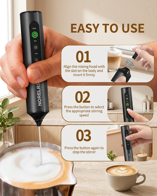 NORELRS 3-Speed Handheld Milk Frother - Create Cafe-Quality Foam at Home  Versatile Whisks & Adjustable Speeds for the Ultimate Frothing Experience  Compact, Powerful, and Easy to Use - Perfect for Coffee, Matcha, and More
