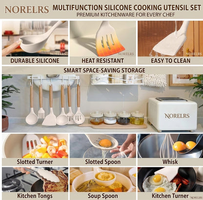 NORELRS Multifunction Silicone Cooking Utensil Set - Premium Kitchenware for Every Chef! 🍳  Upgrade Your Kitchen with Heat-Resistant, Non-Stick Safe Tools. ✨  Smart Space-Saving Storage, Effortless Cooking Made Beautiful. 🥄