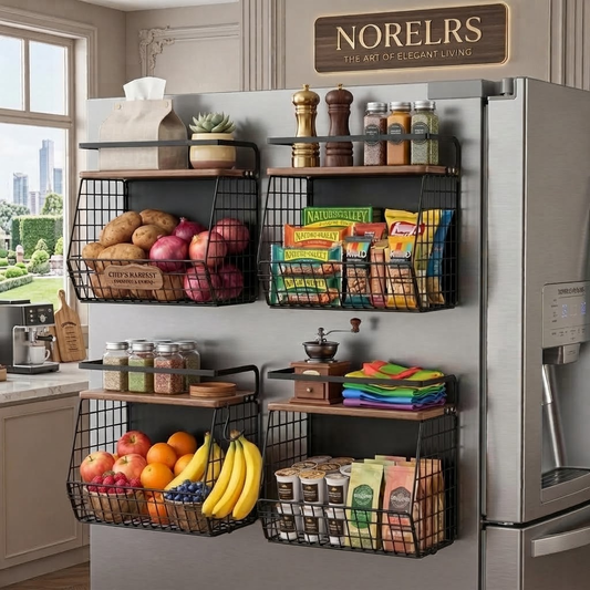 NORELRS Magnetic Spice Rack & Storage Basket - Maximize Your Kitchen Space  Superior Magnetic Strength and Solid Bamboo Build for Ultimate Durability  Keep Your Kitchen Neat, Organized, and Stylishly Secure