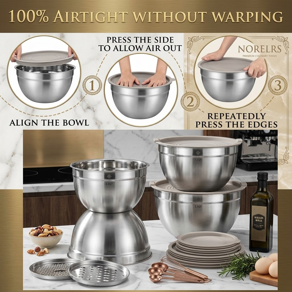 NORELRS Stainless Steel Mixing Bowl Set - 100% Airtight Without Warping  Ultimate 3-Piece Precision Grating System with Non-Slip Bases  Complete Luxury Kitchen Collection for Prep, Mixing, and Food Storage