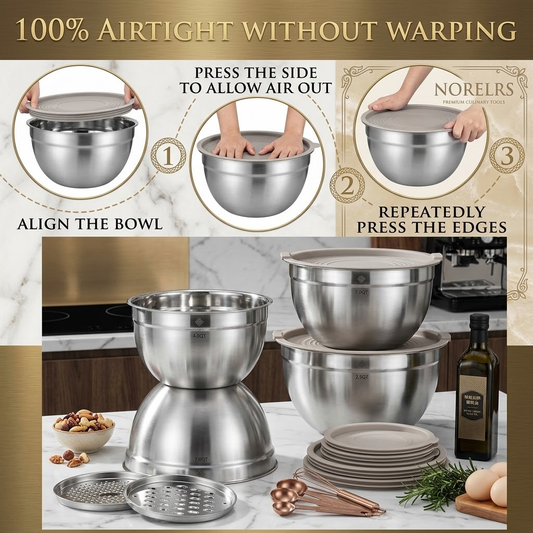 NORELRS Stainless Steel Mixing Bowl Set - 100% Airtight Without Warping  Ultimate 3-Piece Precision Grating System with Non-Slip Bases  Complete Luxury Kitchen Collection for Prep, Mixing, and Food Storage