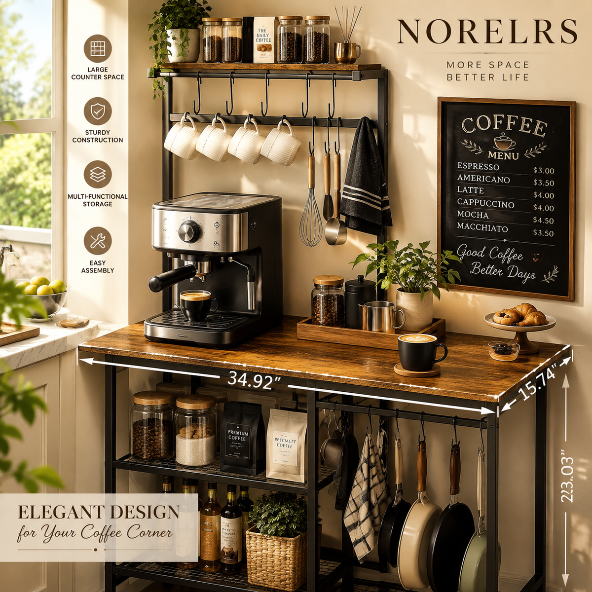 NORELRS Baker's Rack & Coffee Bar Station - Better Kitchen, A Brighter Life  Spacious Countertop with Multi-Functional Storage and Hanging Hooks  Sturdy Construction and Elegant Design for Your Kitchen or Coffee Corner