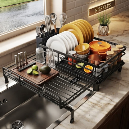 NORELRS Over-the-Sink Expandable Dish Drying Rack - Maximize Kitchen Counter Space  Adjustable Width to Fit Various Kitchen Sinks with Extra Storage Capacity  Sturdy Multi-Functional Rack for Dishes, Bowls, Utensils, and Fresh Produce