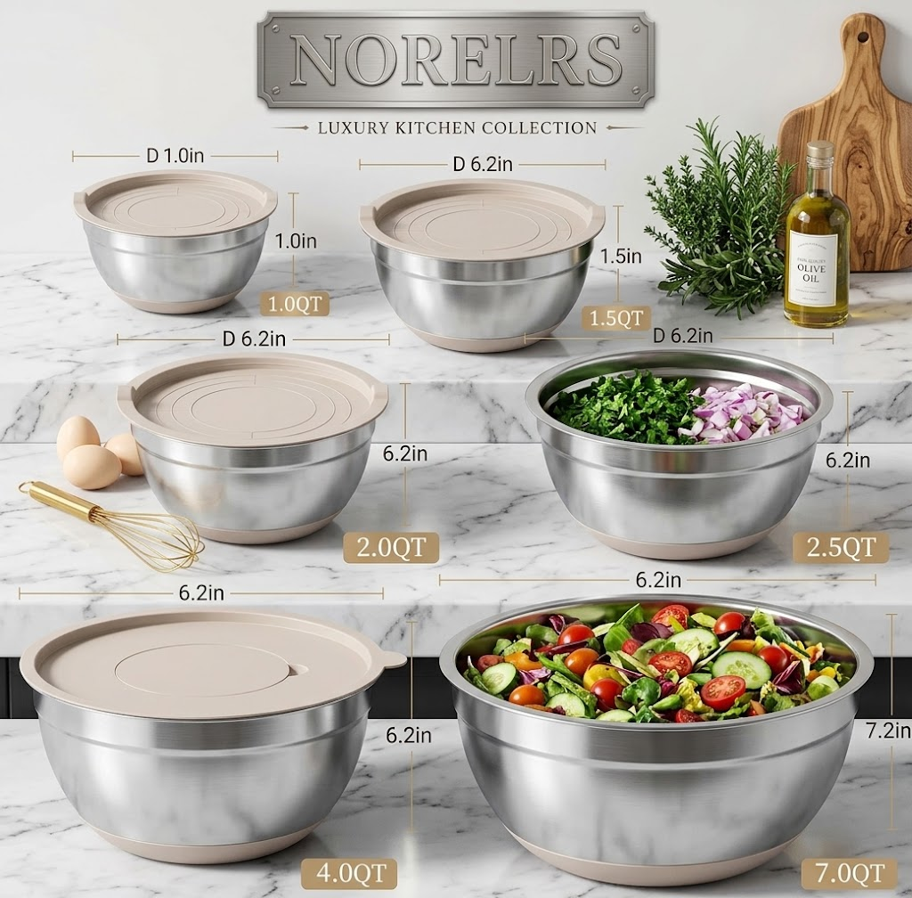 NORELRS Stainless Steel Mixing Bowl Set - 100% Airtight Without Warping  Ultimate 3-Piece Precision Grating System with Non-Slip Bases  Complete Luxury Kitchen Collection for Prep, Mixing, and Food Storage