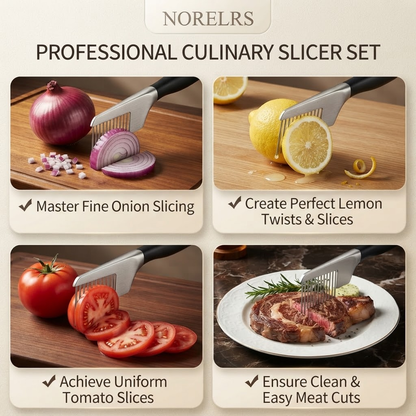 NORELRS Professional Culinary Slicer Set - Effortless Precision Cutting  All-in-One Food Holder and Slicer Guide with Ergonomic Non-Slip Handle  Durable Stainless Steel 304 Construction for Uniform Slicing Every Time