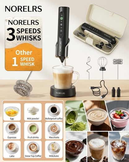 NORELRS 3-Speed Handheld Milk Frother - Create Cafe-Quality Foam at Home  Versatile Whisks & Adjustable Speeds for the Ultimate Frothing Experience  Compact, Powerful, and Easy to Use - Perfect for Coffee, Matcha, and More