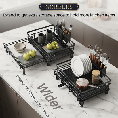NORELRS Over-the-Sink Expandable Dish Drying Rack - Maximize Kitchen Counter Space  Adjustable Width to Fit Various Kitchen Sinks with Extra Storage Capacity  Sturdy Multi-Functional Rack for Dishes, Bowls, Utensils, and Fresh Produce
