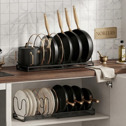 NORELRS Expandable Pan and Lid Organizer Rack - Maximize Your Kitchen Space  Customizable Layout with Expandable Length and Adjustable Dividers  Sturdy Design for Pots, Pans, and Lids with Easy, Tool-Free Installation